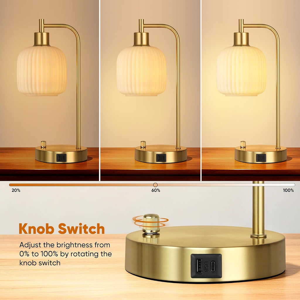 QiMH Industrial Table Lamp for Bedroom Set of 2, Cream Glass Beside Lamp with USB A&C Ports, Stepless Dimmable Gold Lamps, Nightstand…