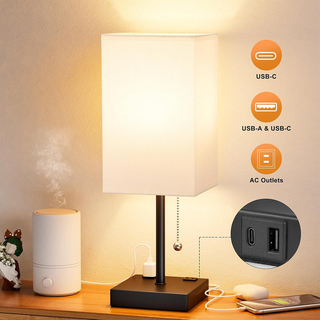 Aooshine White Medium Table Lamp with USB Ports - 3 Color Temperature Bedside Lamp for Bedroom, Pull Chain Control, USB A and C Ports, 2 AC…