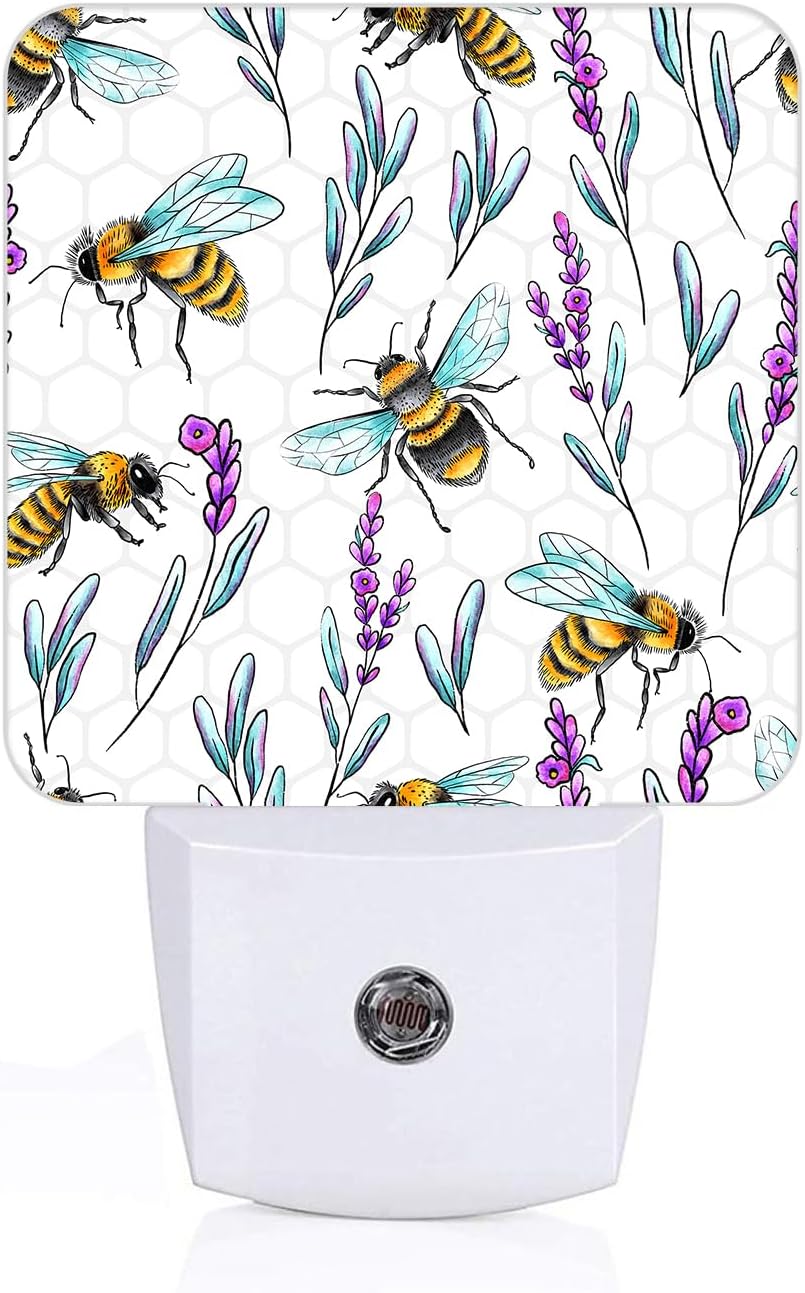 Bees and Lavender Flowers Night Light, Plug-in Night Lights with Dusk-to-Dawn Sensor for Stairway, Hallway, Bedroom Sleep Friendly Ideal for…