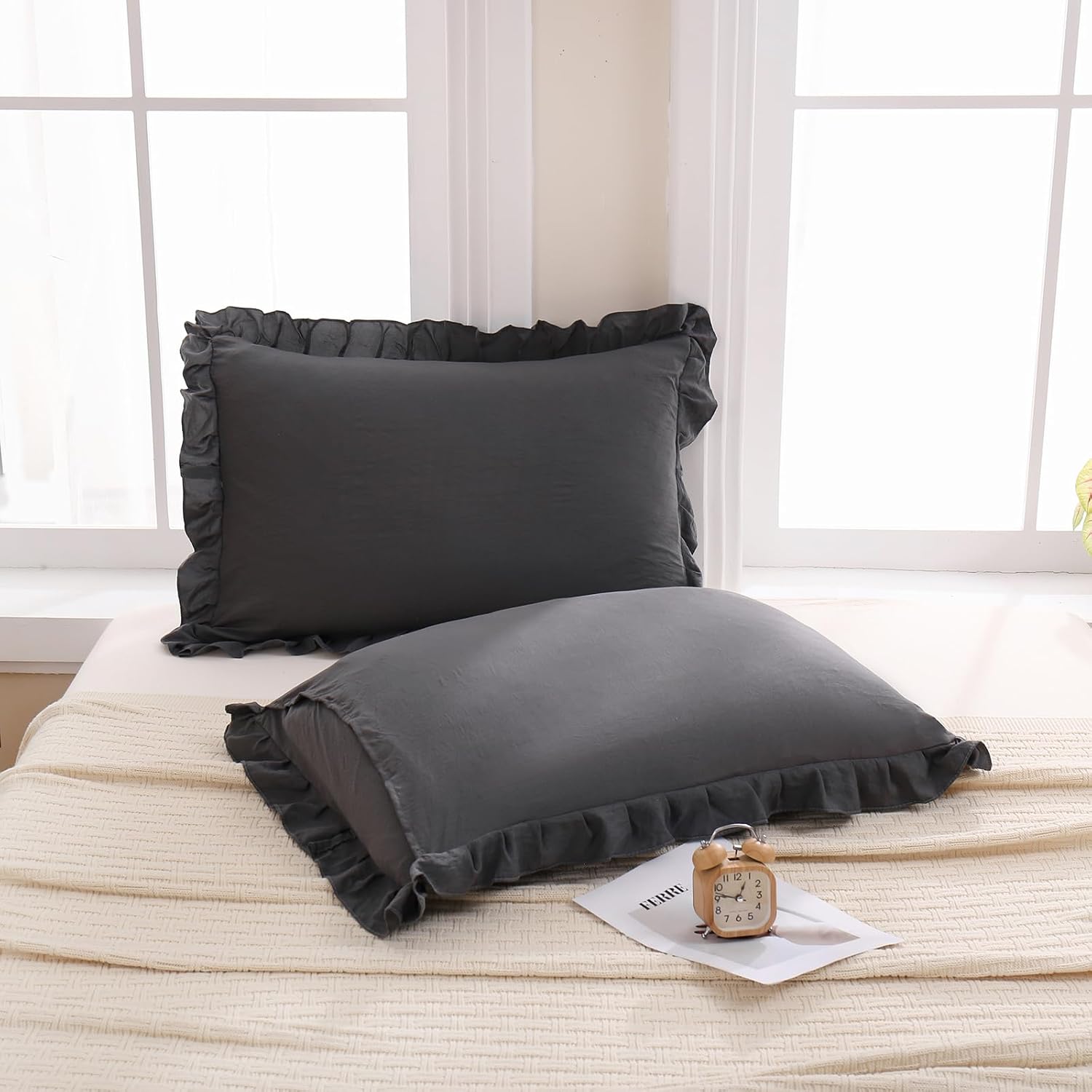 Merryword Dark Gray Pillow Shams Reversible Pillowcases Cute Pillow Cover Set of 2 Soft Shabby Chic Ruffled Pillowcases 2 Pack (Queen (20''…