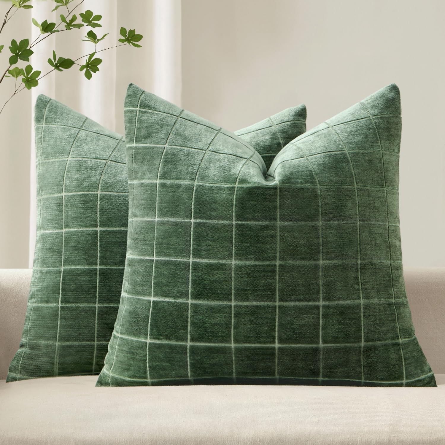 Miulee Decorative Chenille Check Euro Shams Throw Pillow Covers Vintage Plaid Couch Pillows 24x24 Inch Set of 2 Neutral Boho Cushions Moder…