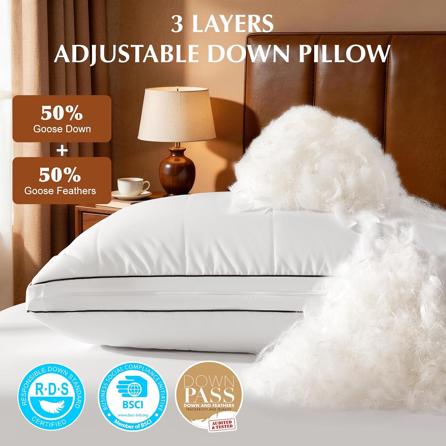 Davmabcjy 3 in 1 Adjustable Goose Down Pillows Standard Size Set of 2, Cooling Cover Bed Pillows, Fluffy Soft Feather Down Pillow fo…