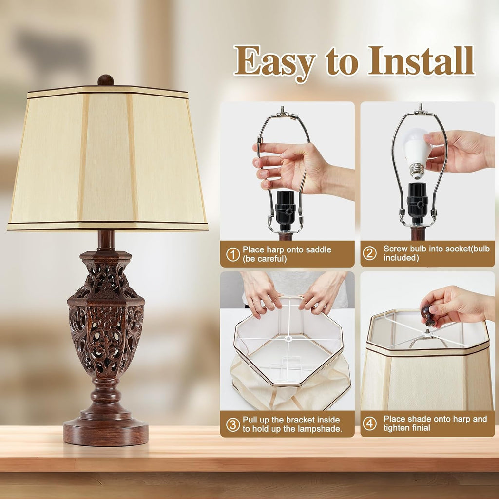 EJIAXIN Lamps for Night Stands Set of 2-23.5" Vintage Bedside Lamp with USB A+C and Nightlight - Brown Retro Carved Resin Farmhouse Desk…