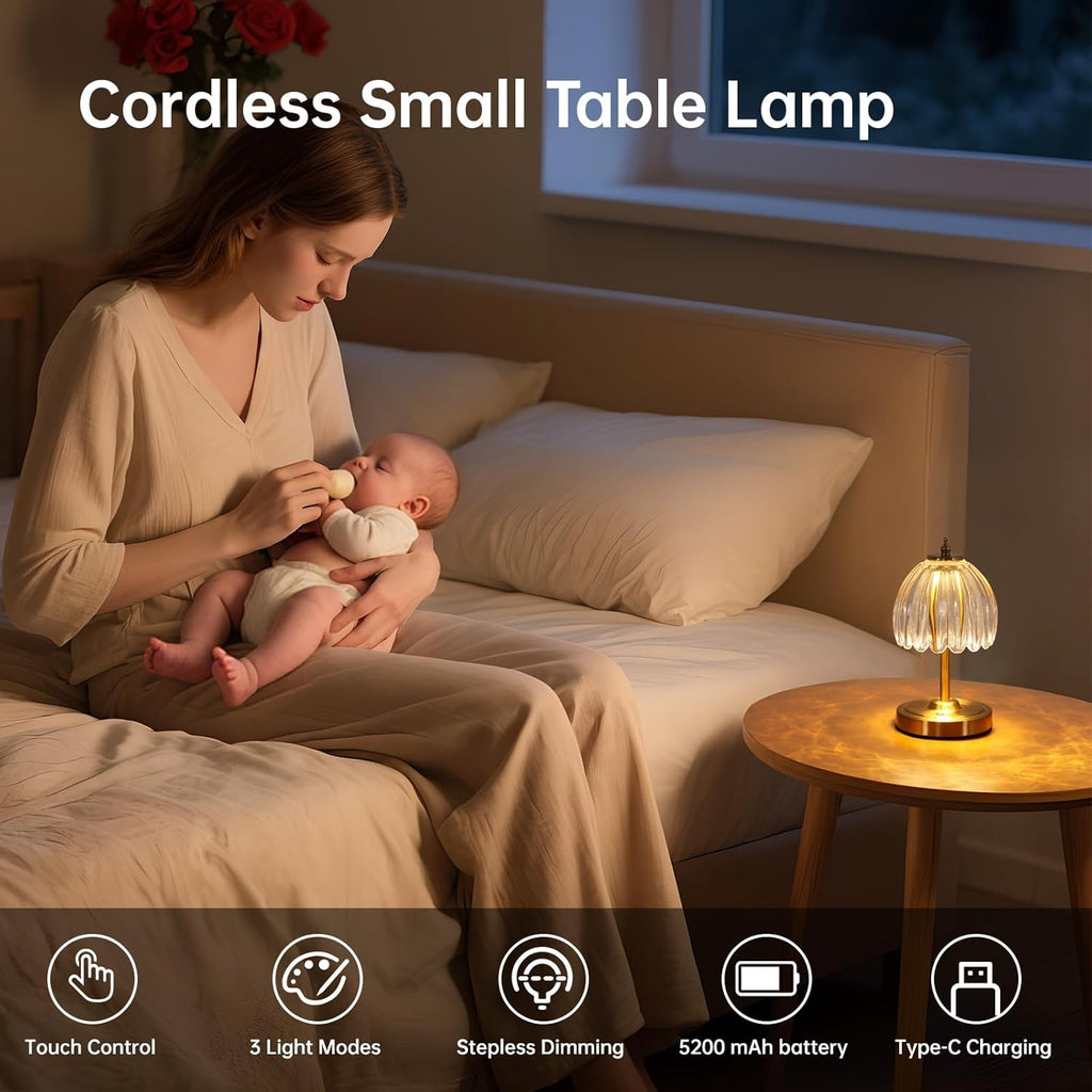 Shenmoyl Tulip Small Table Lamp, 5200mAh Cordless Touch Control Mini Table Lamp with 3 Color Temps & Stepless Dimming, Perfect for Small Sp…