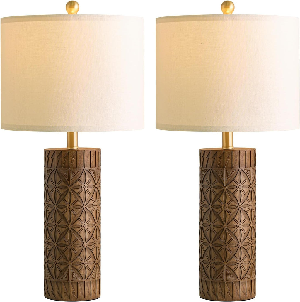 BOBOMOMO 27" Tall Table Lamps Set of 2, Modern Farmhouse Geometric Bedside Lamps, Rustic Wood Grain Resin Nightstand Lamps for Living…