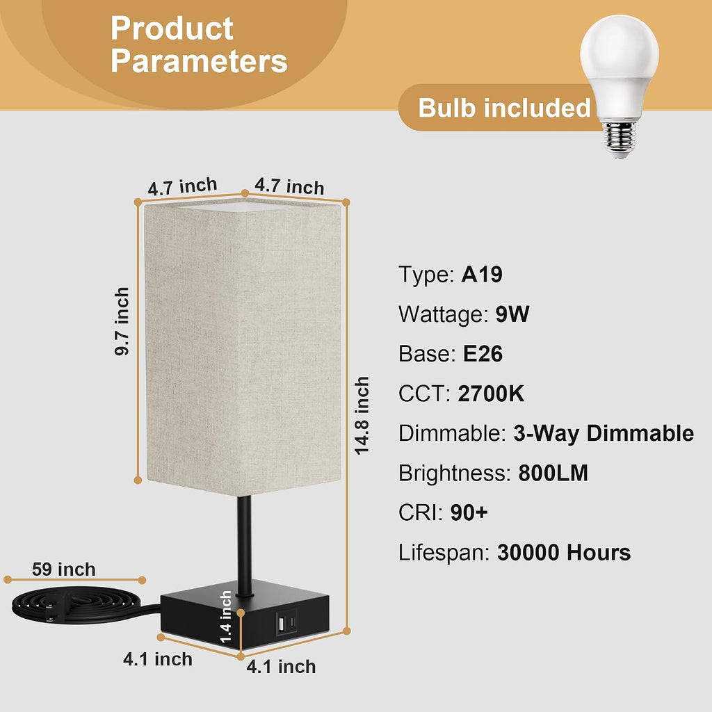 Touch Bedside Lamp for Bedroom Set of 2, 3 Way Dimmable Table Lamp with USB C+A Charging Ports, Small Nightand Lamps for Bedroom Decor…