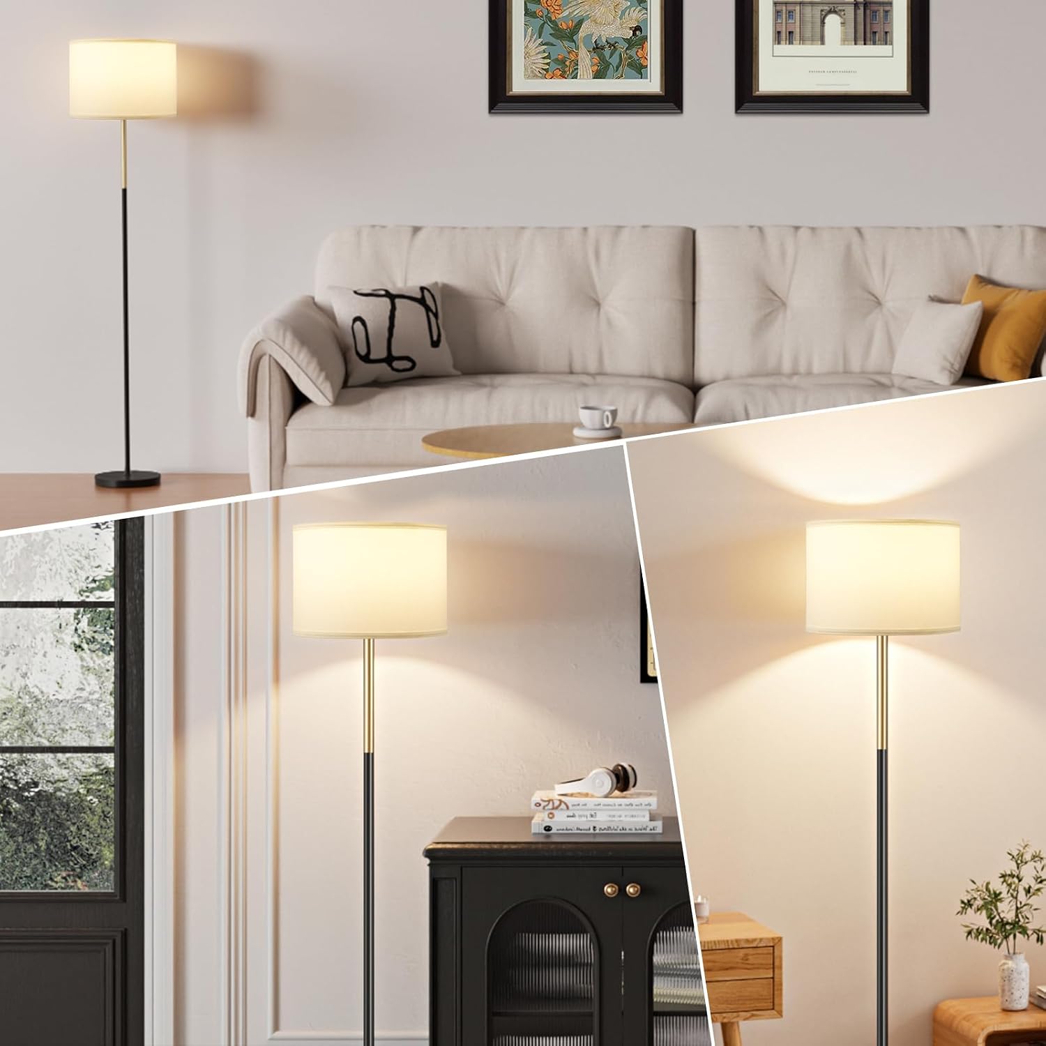 Ambimall 60'' Modern Floor Lamp with Shade, Tall Lamps for Living Room, Bedroom, Office, Dining Room, Gold & Black Lamp Pole(Without Bulb)…