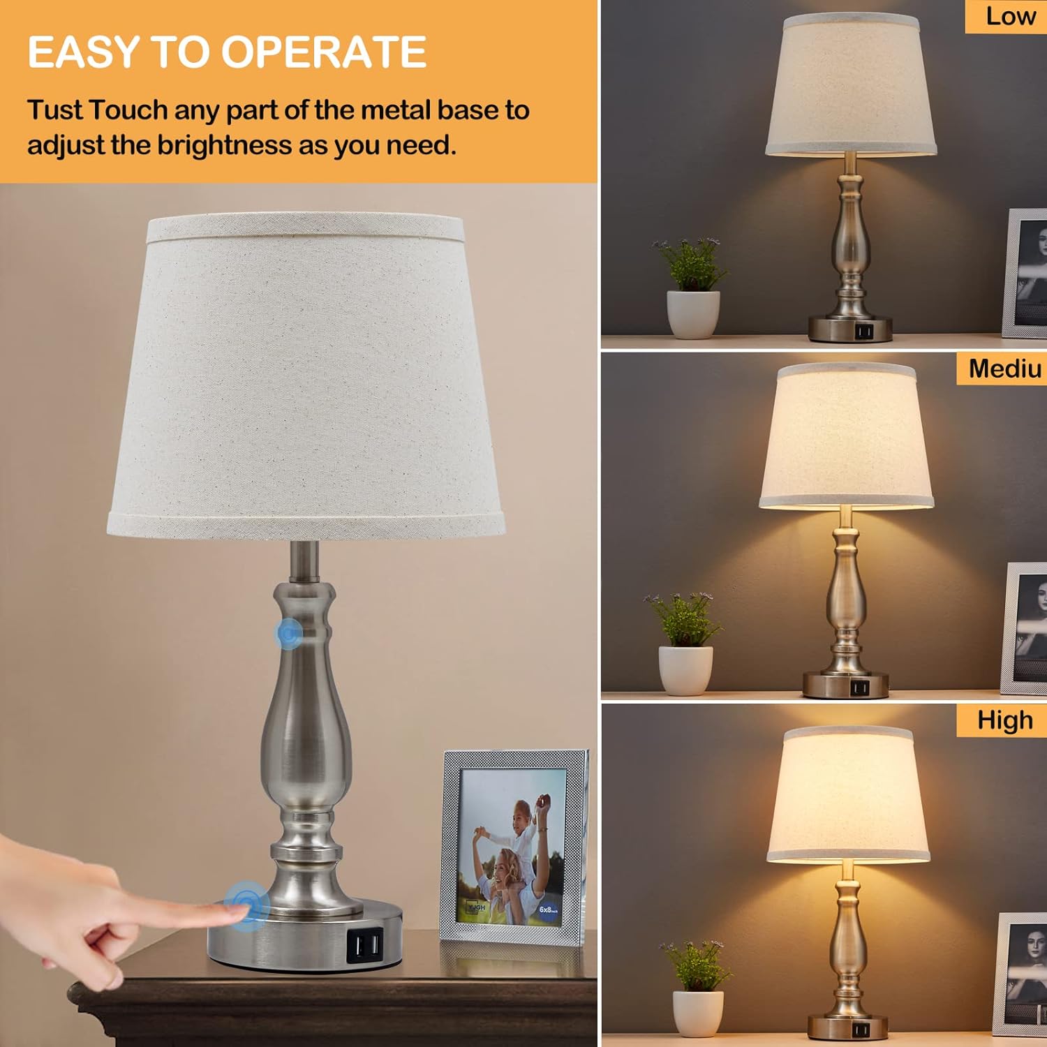 EJIAXIN Lamps for Bedrooms Set of 2, Brushed Nickel Bedside Lamps with USB C+A Ports, Dimmable Nightstand Lamps with Fabric Lampshade…