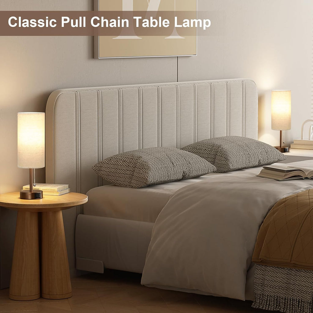 PartageiZ Brown Table Lamp for Bedroom Nightstand - Small Lamp with USB A + C Charging Port, 3 Color Temperatures Pull Chain Night Stand…