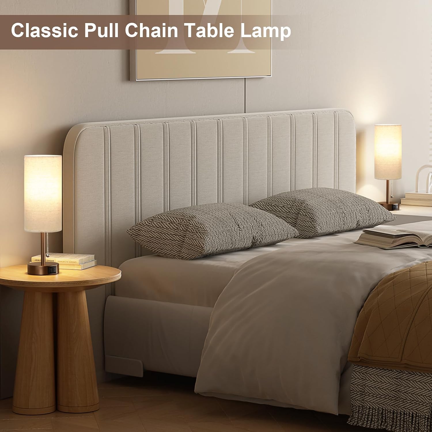 PartageiZ Brown Table Lamp for Bedroom Nightstand - Small Lamp with USB A + C Charging Port, 3 Color Temperatures Pull Chain Night Stand…