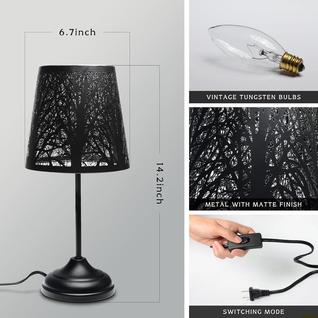 Black Metal Tree Shadow Table Lamp, Vintage Rustic Bedside Lamp, Small Bedside Night Light for Kids, Ambient Mood Lighting for Bedroom…