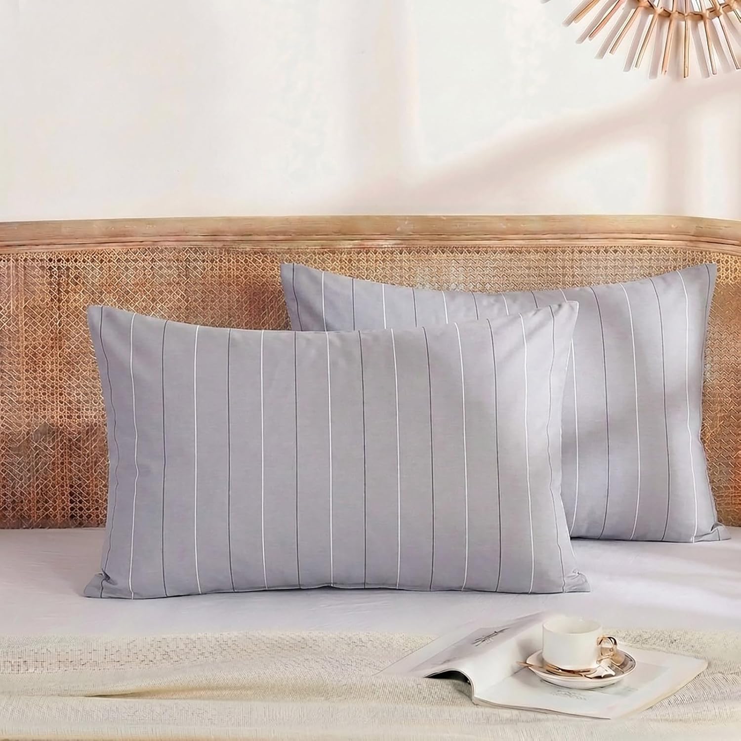 Merryword Gray Striped Pillowcases, 100% Cotton Pillow Cases, Queen Size Pillowcases, Luxury Linen Like Pillowcase, Soft Breathable Pinstri…