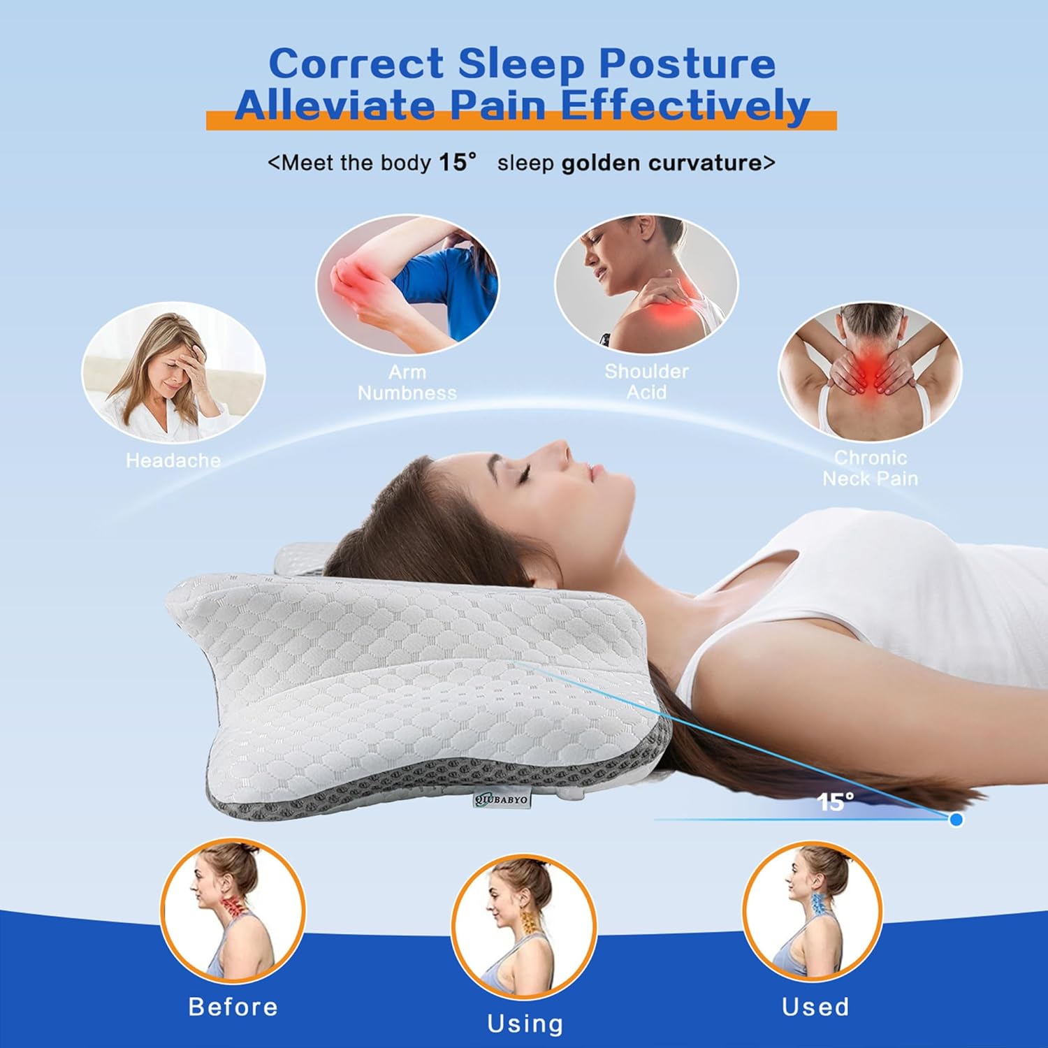 Qiubabyo Cervical Pillow for Neck Support, Adjustable Ergonomic Pillow Cozy Sleeping, Odorless Orthopedic Memory Foam Pillow, Contour Bed P…