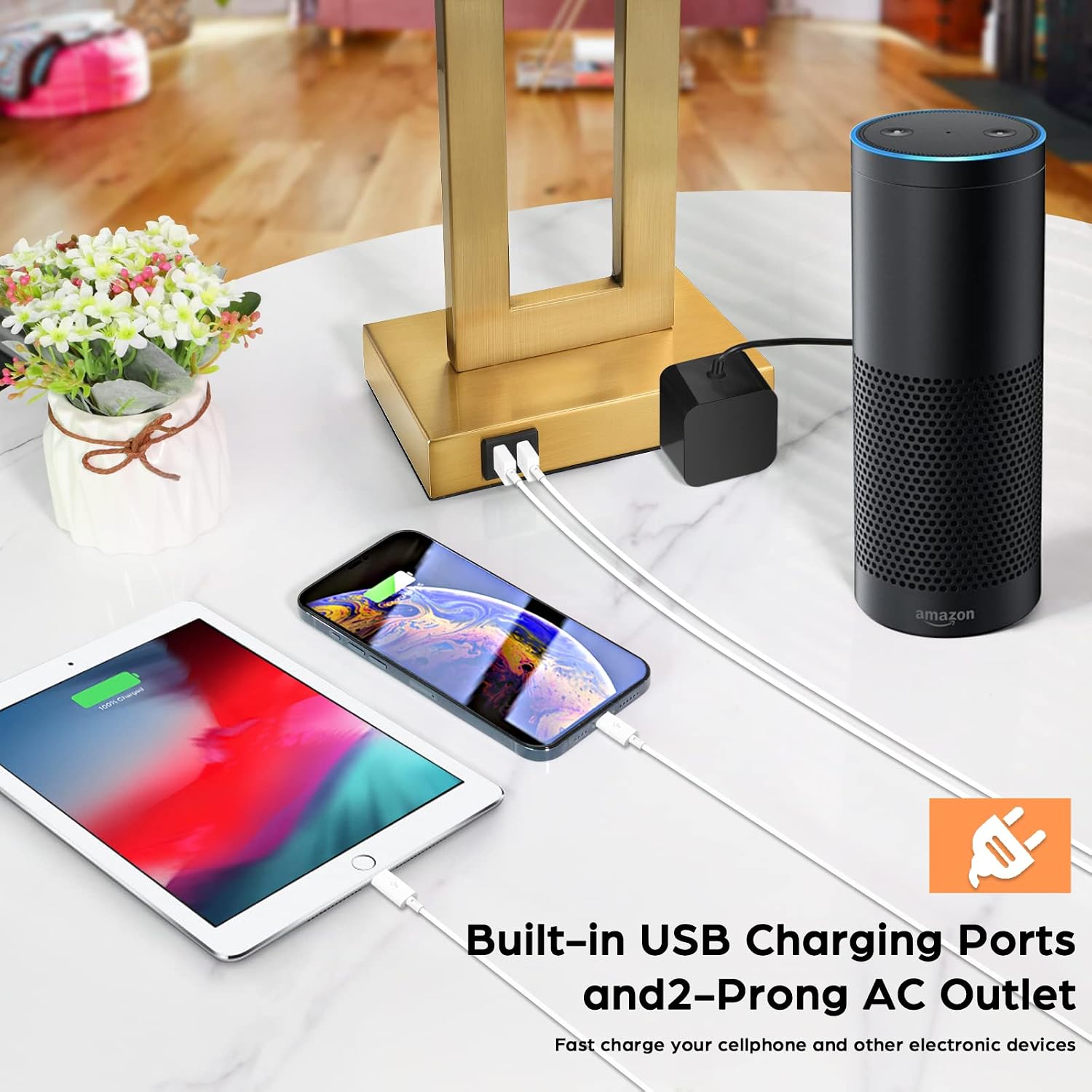 Tobusa 22’’ Table Lamps for Bedrooms Set of 2, Gold Bedside USB Desk Lamp with AC Outlet, Touch Control Modern Vintage Living Room Table La…