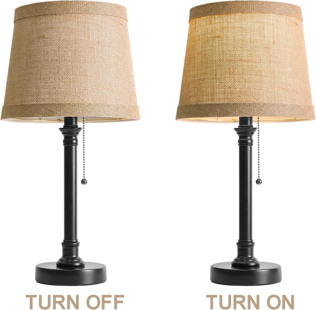 Oneach 19.5" Small Table Lamp with USB A+C Charging Ports, Black Modern Rustic Bedside Lamp with Natural Shade, Black Metal Pull Chain…