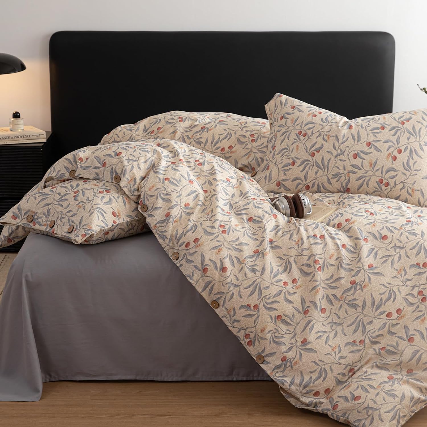mixinni Cotton Linen Floral Duvet Cover Set, Vintage Botanical Print Comforter Cover with Wooden Buttons, Soft Breathable Blue Red Floral Bo…