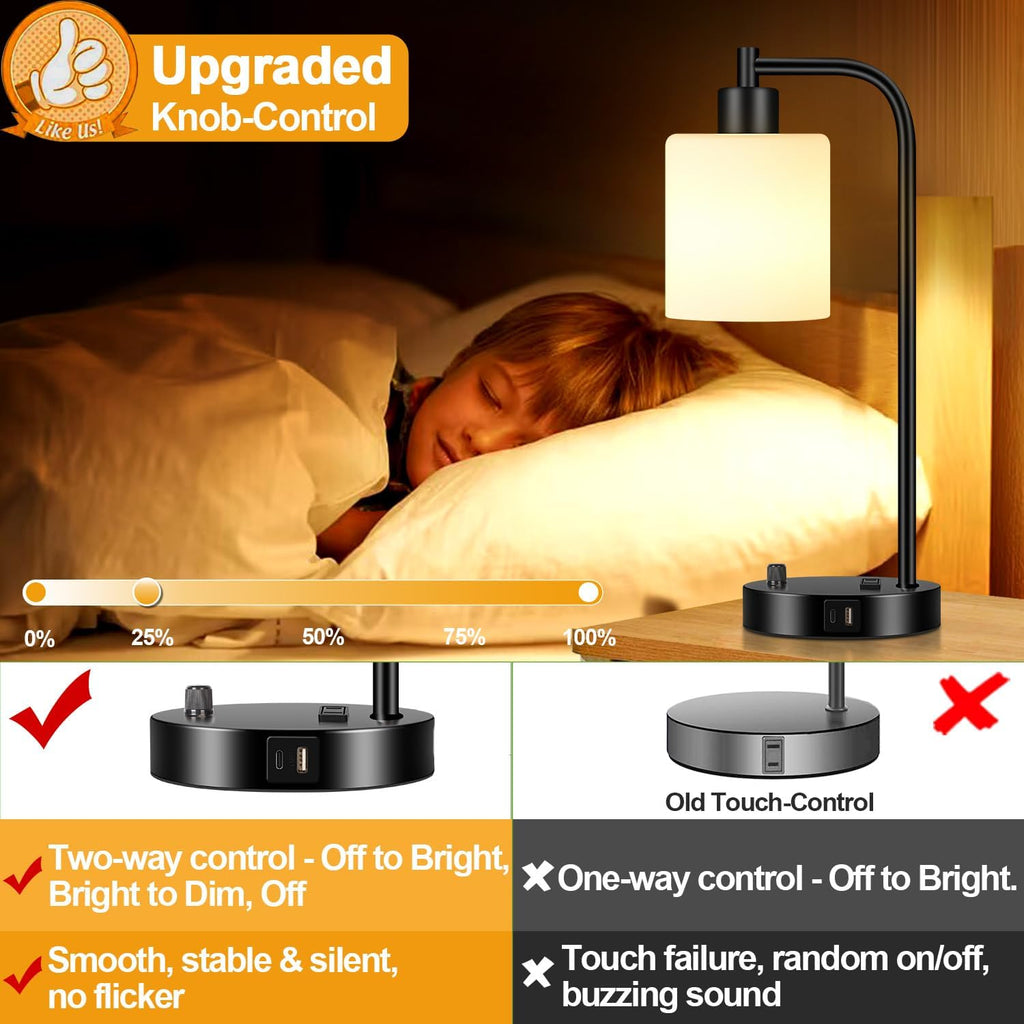 Lynnoland Set of 2 Industrial Table Lamps with USB C+A Ports and Outlet, Black Fully Stepless Dimmable Bedside Lamps, Nightstand Lamp…