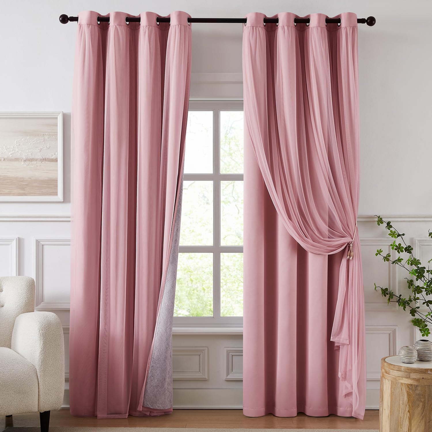 Swandream Blackout Curtains for Bedroom, Double Layer Pink Curtains, Black Out Curtain 72 inch Long with Sheer Overlay for Living Room, Roo…