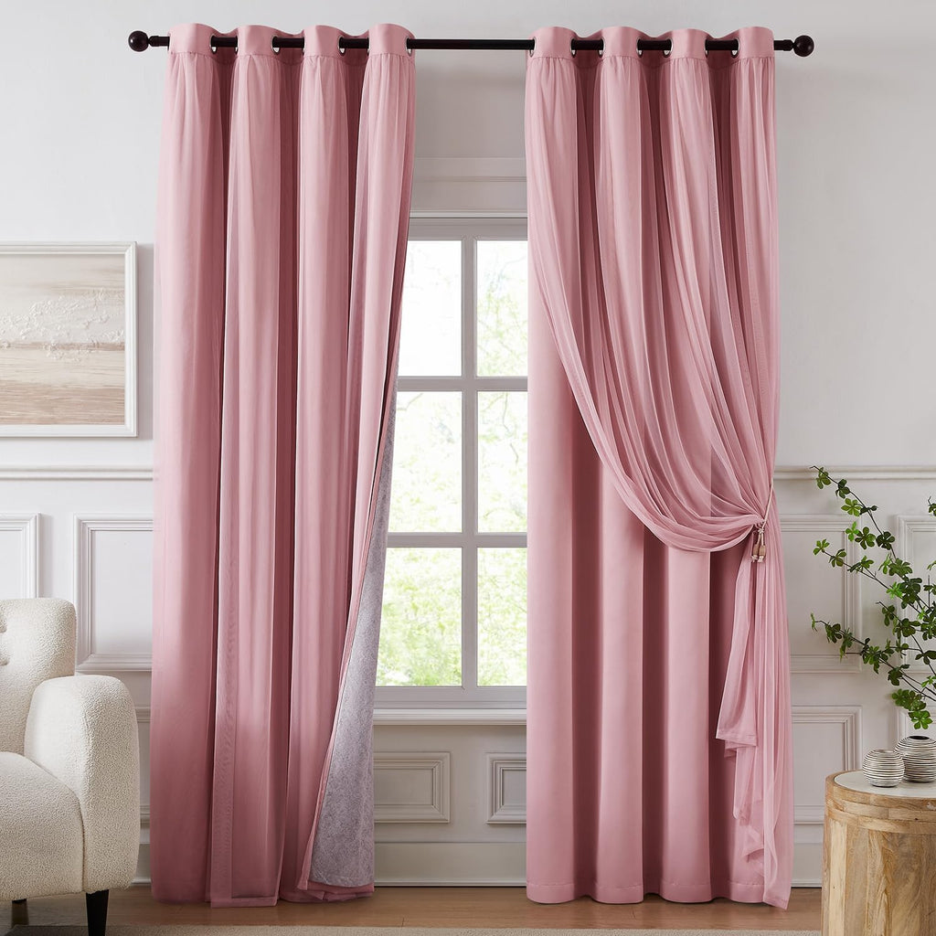 Swandream Blackout Curtains for Bedroom, Double Layer Pink Curtains, Black Out Curtain 90 inch Long with Sheer Overlay for Living Room, Roo…