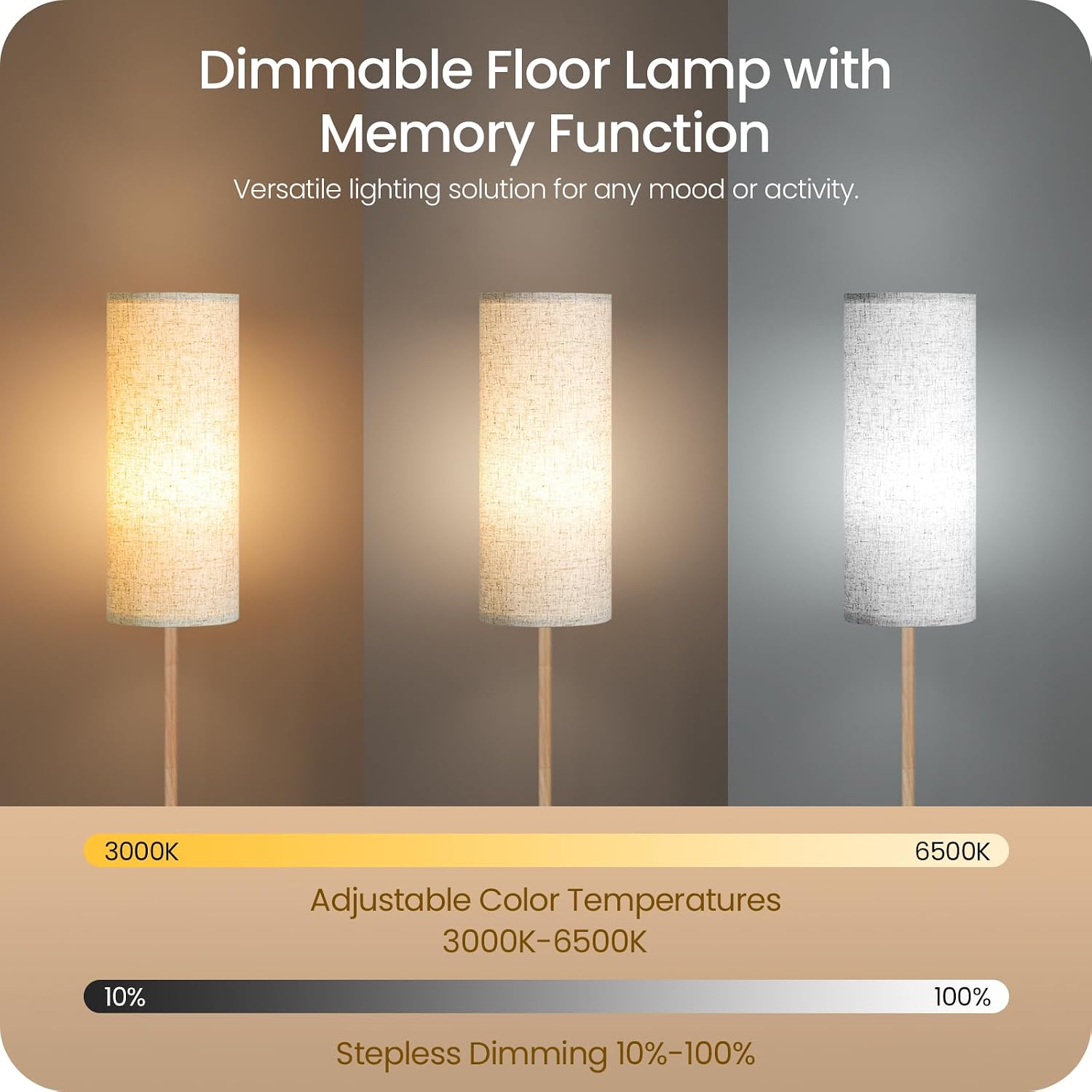 2 Pack Wooden Textured Pole Lamps, Dimmable Floor Lamp for Living Room with Remote and Foot Switch, 64.4” Standing Tall Lamp, Corner…