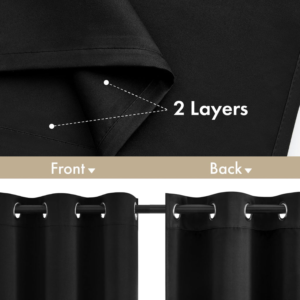 Miulee Black 100% Blackout Curtains for Bedroom 90 Inch Long, 2 Thick Layers Thermal Insulated Full Blackout Window Curtains with Black Lin…