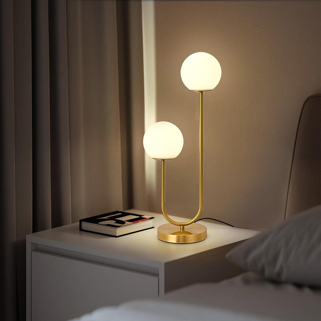 KardleenFocusOnIndoorLight Mid Century Modern Globe Table Lamp Gold U-Shape Glass Table lamp 2-Globe Bedside Lamp with LED G9 Light Source…