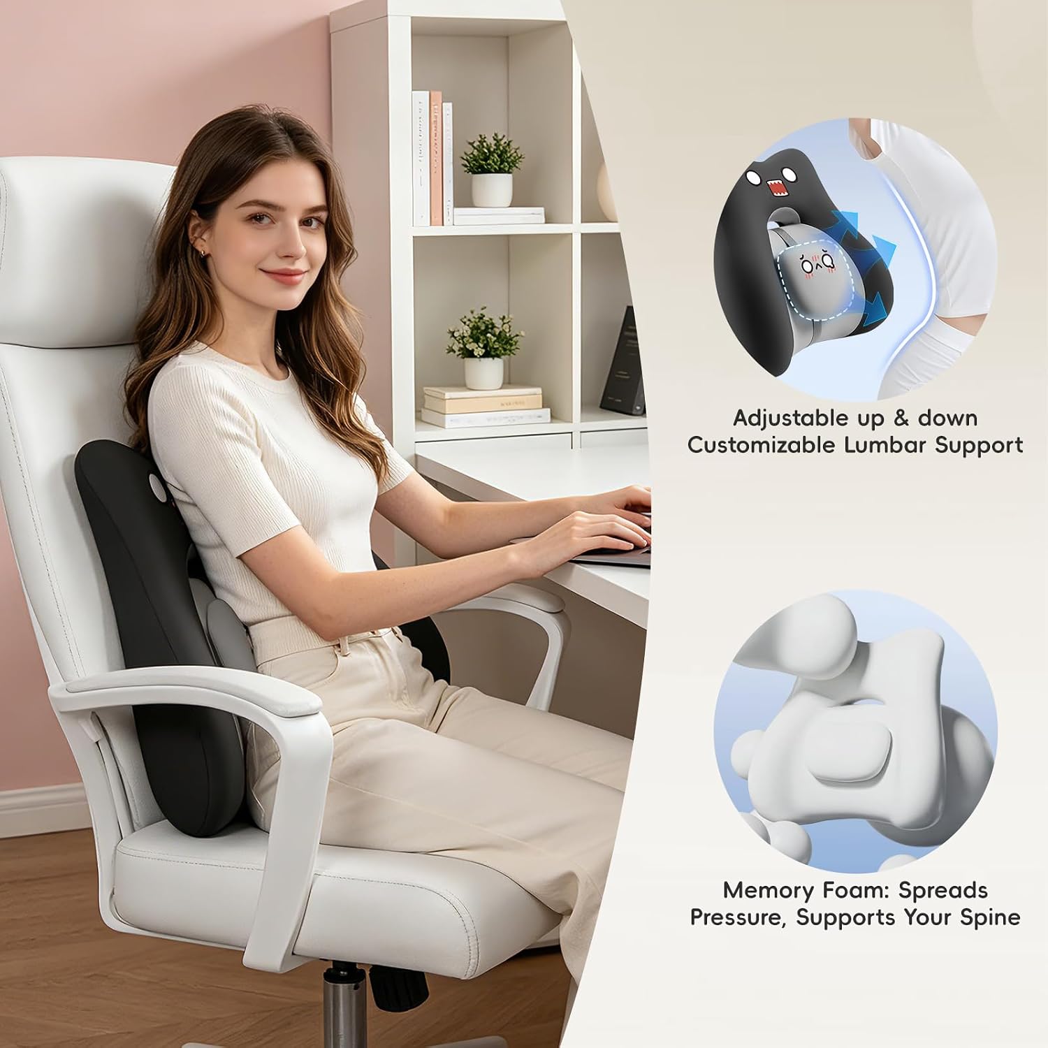 Bebas Lumbar Support Pillow for Car & Office Chair - Ergonomic Back Support Cushion with Adjustable Memory Foam Bolster, Cute Cartoon Desig…