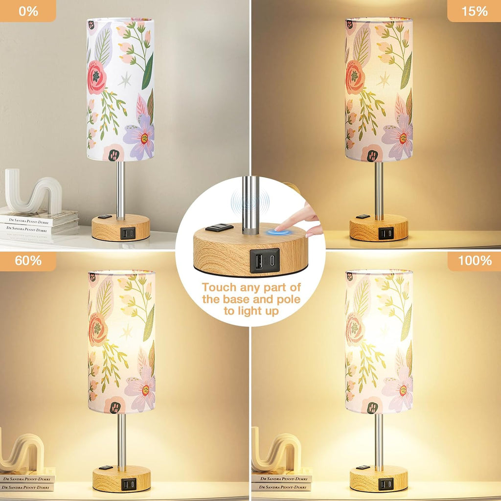 Fenmzee Floral Touch Lamp for Bedroom- 3 Way Dimmable Bedside Lamp USB C A Charging Ports and AC Outlet, Small Table Lamp Floral Linen…