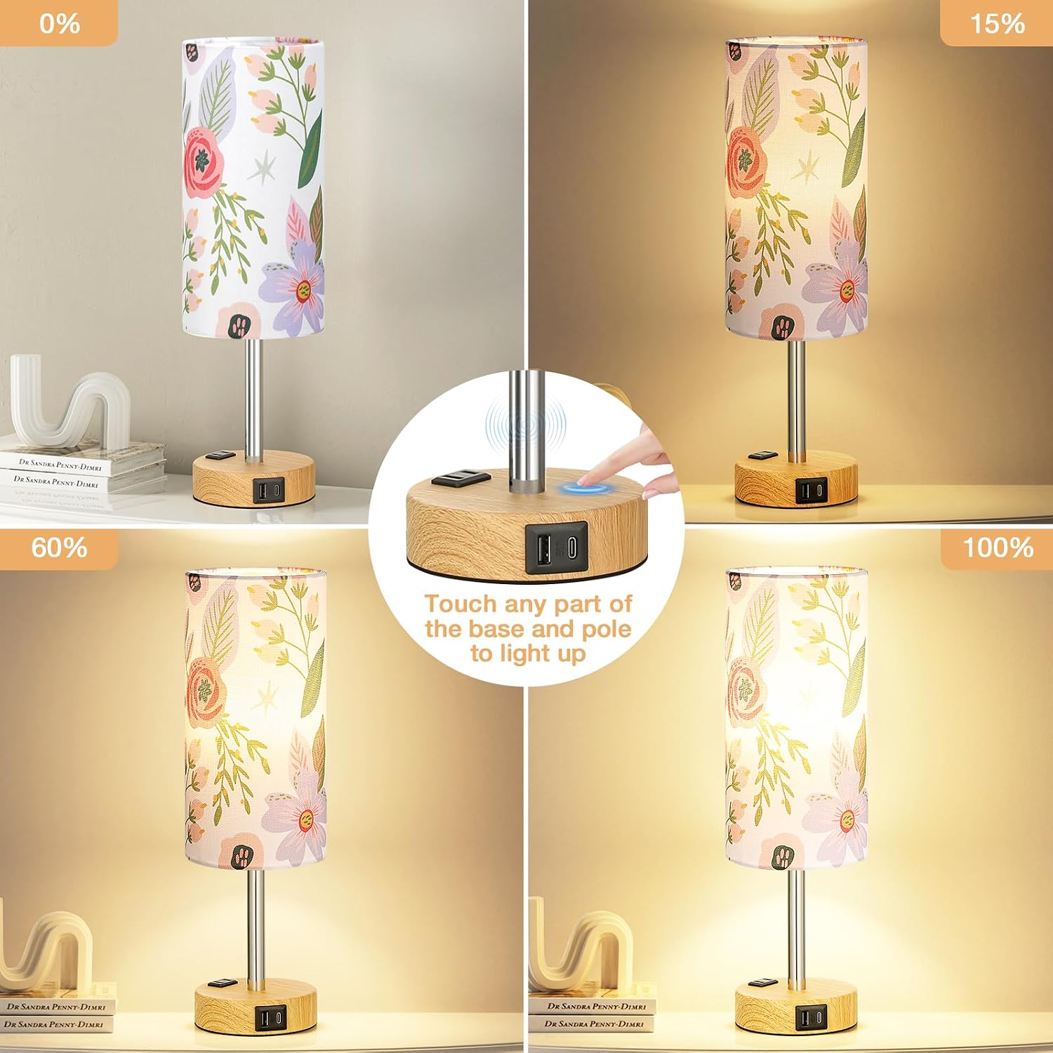 Fenmzee Floral Touch Lamp for Bedroom- 3 Way Dimmable Bedside Lamp USB C A Charging Ports and AC Outlet, Small Table Lamp Floral Linen…