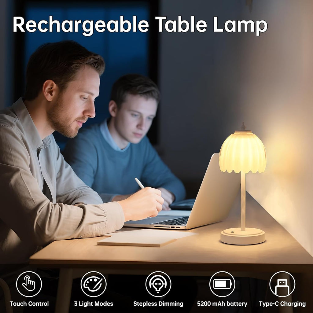 Shenmoyl Tulip Table Lamp with 5200mAh Battery & Touch Control, Cordless Small Table Lamp with 3 Colors, Dimmable Rechargeable Table…
