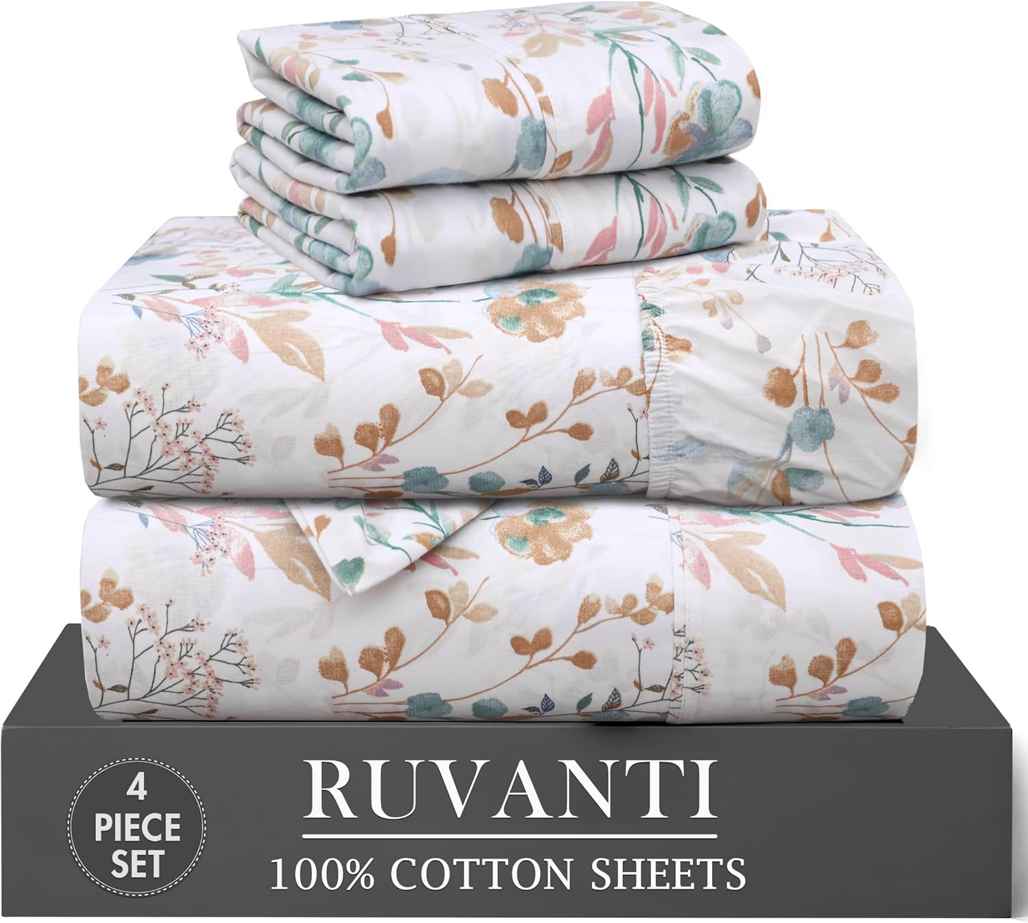 Ruvanti 100% Cotton Percale Sheets Twin Size 4 Piece Set, Cooling Bed Sheets for Hot Sleepers, Deep Pocket 16”, Breathable Lightweight & Du…