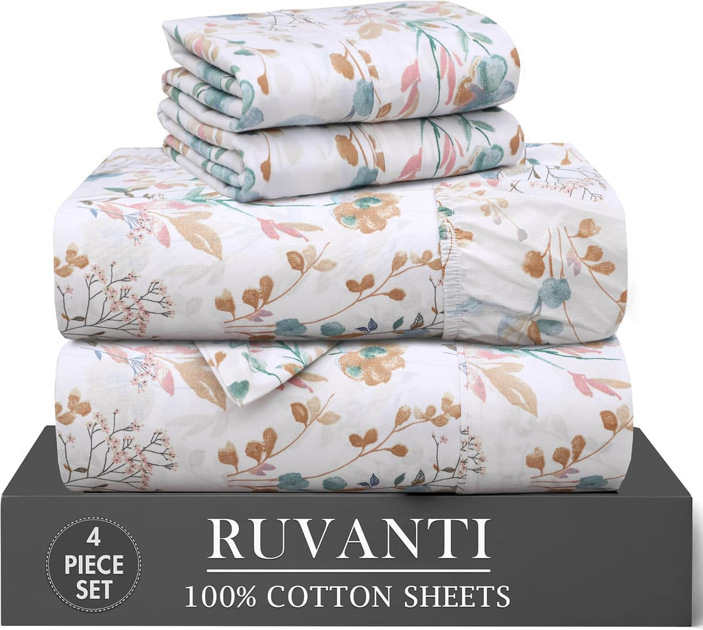 Ruvanti 100% Cotton Percale Sheets Twin XL Size 4 Piece Set, Cooling Bed Sheets for Hot Sleepers, Deep Pocket 16”, Breathable Lightweight &…