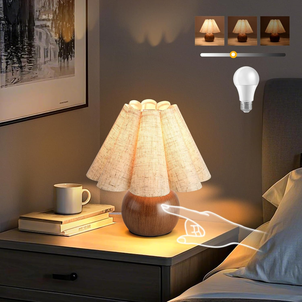 Wood Grain Touch Control Table Lamp for Bedroom, Farmhouse Cute Small Table Lamp for Bedroom Nightstand, Mini Vintage Bedside Lamps with…