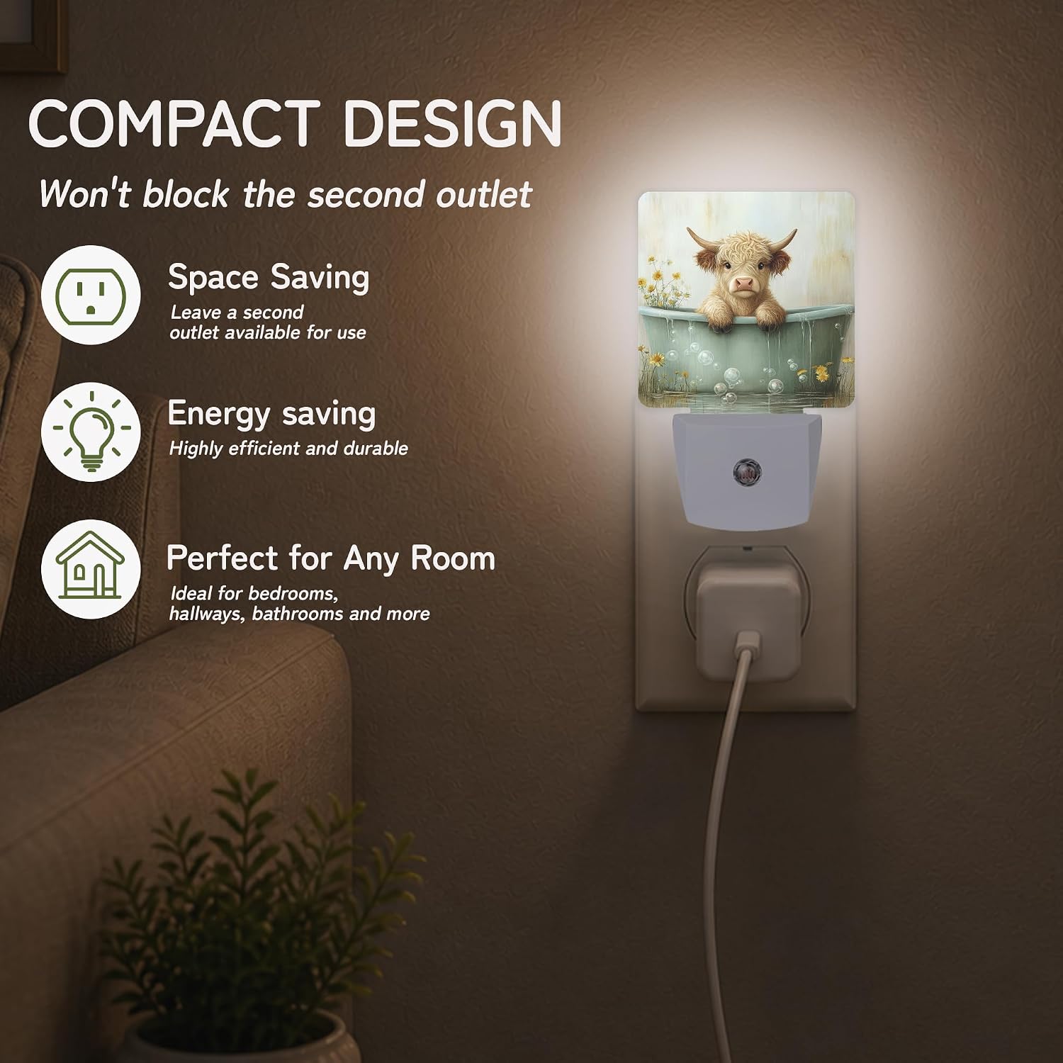 Highland Cow Bathtub Night Lights Plug into Wall, Night Light with Dusk to Dawn Sensor for Bedroom Bathroom Kitchen Hallway Stairs…