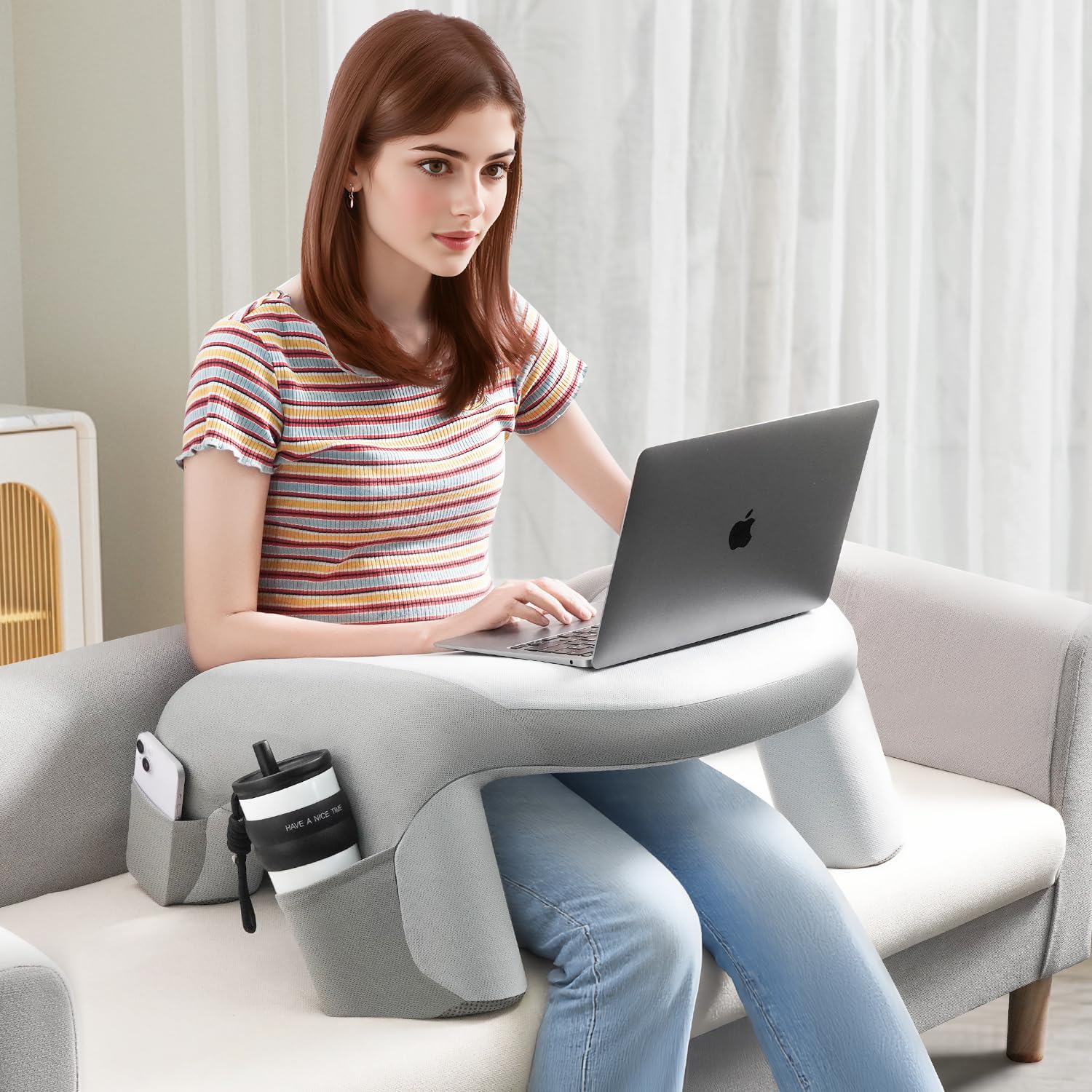 Wogahev Reading Pillow for Bed, Lap Desk for Laptop, Memory Foam Arm Rest Support Gaming Pillow with Cup/Phone Pocket, Laptop Lap Desk for…