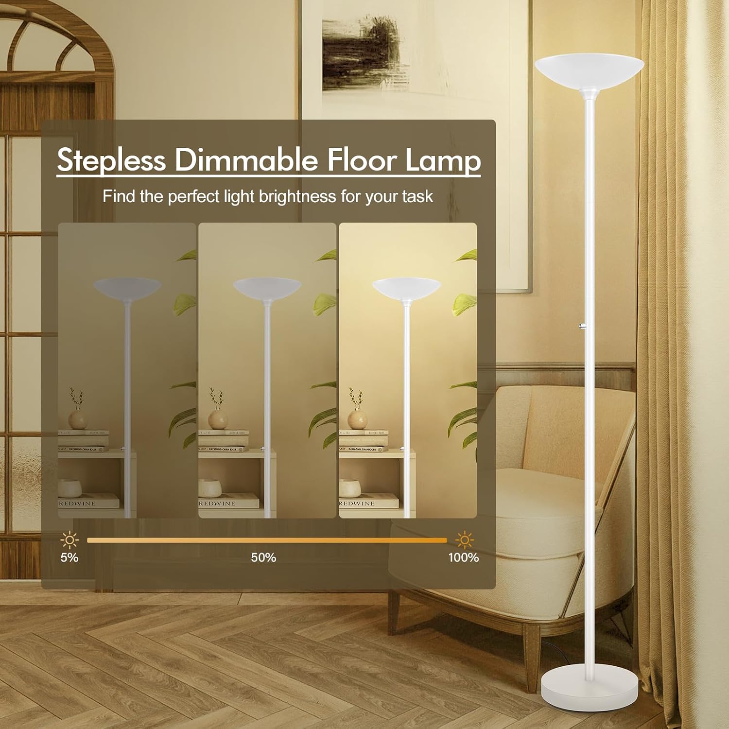 Home 30W Torchiere Floor Lamp - 3600LM Super Bright LED Floor Lamp, 71 Inch Stepless Dimmable Standing Lamp with 3000K Lighting, Rotary Swi…