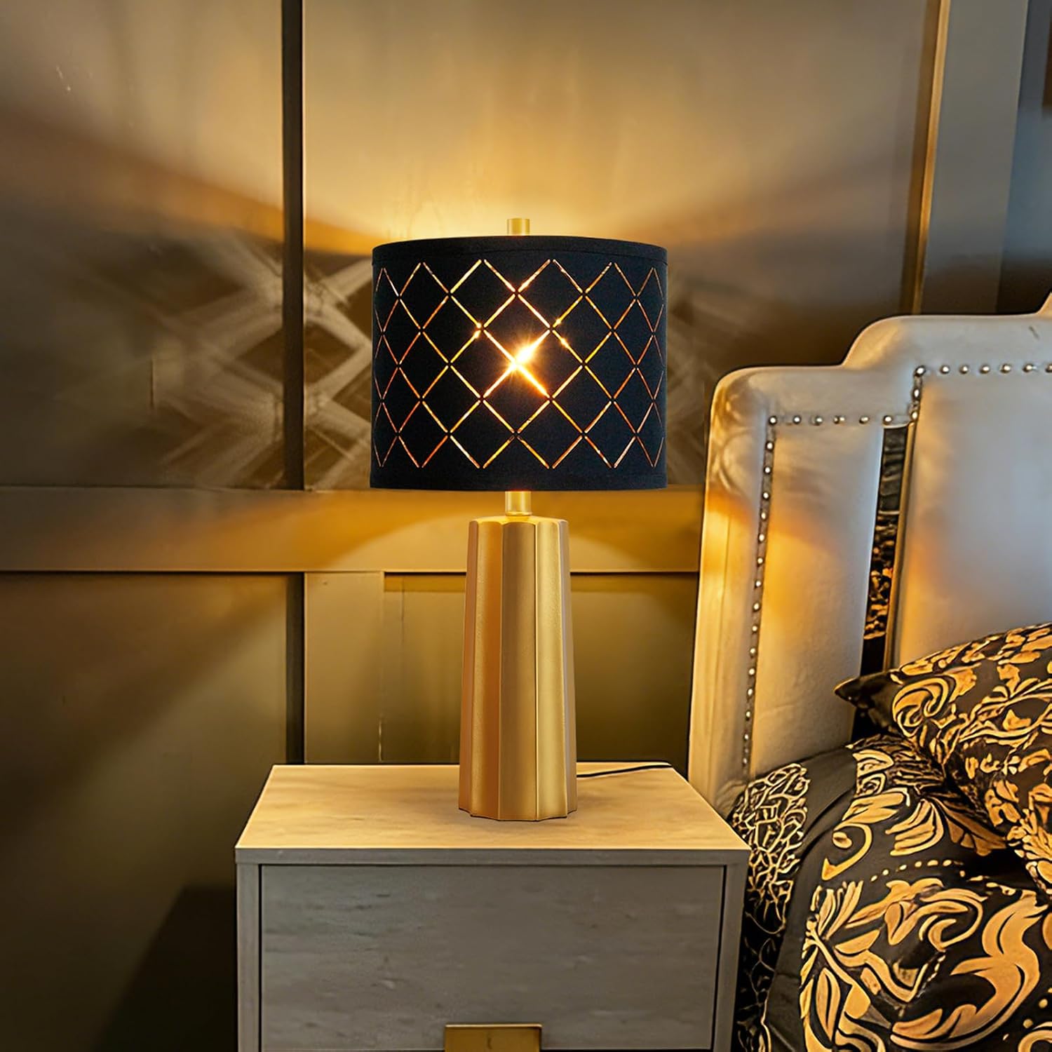 24" Modern Table Lamp for Living Room Bedroom, Gold Nightstand Resin Lamp with Black Grid Shade