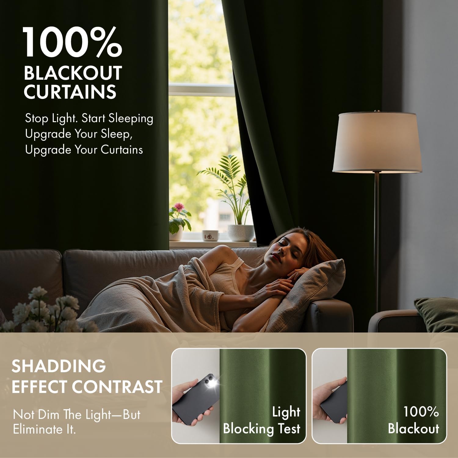 Miulee Olive Green 100% Blackout Curtains for Bedroom 84 Inch Long, 2 Thick Layers Thermal Insulated Black Out Window Curtains with Black L…