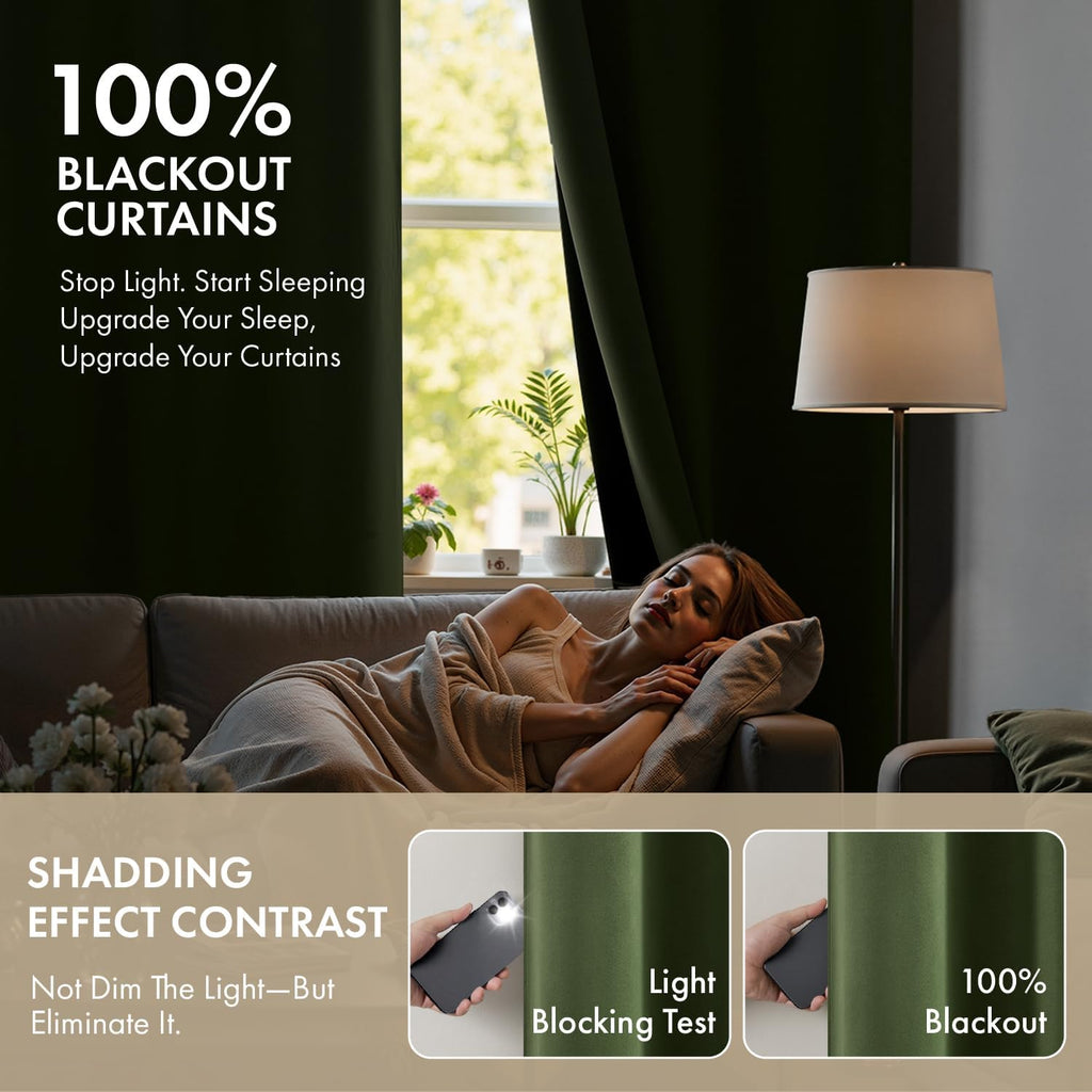 Miulee Olive Green 100% Blackout Curtains for Bedroom 45 Inch Length, 2 Thick Layers Thermal Insulated Short Window Curtains with Black Lin…