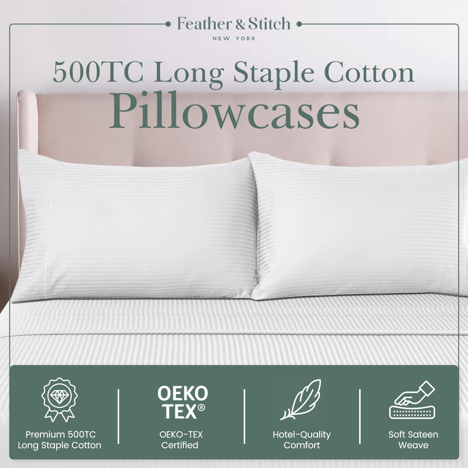 Featherstitchnewyork Feather & Stitch 100% Cotton King Pillow Covers Set of 2, 500TC Envelope Closure Pillowcases, Soft Luxury Damask Strip…