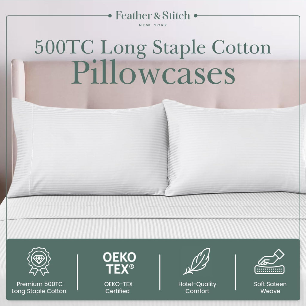 Featherstitchnewyork Feather & Stitch 100% Cotton Standard Pillow Covers Set of 2, 500TC Envelope Closure Pillowcases, Soft Luxury Damask S…
