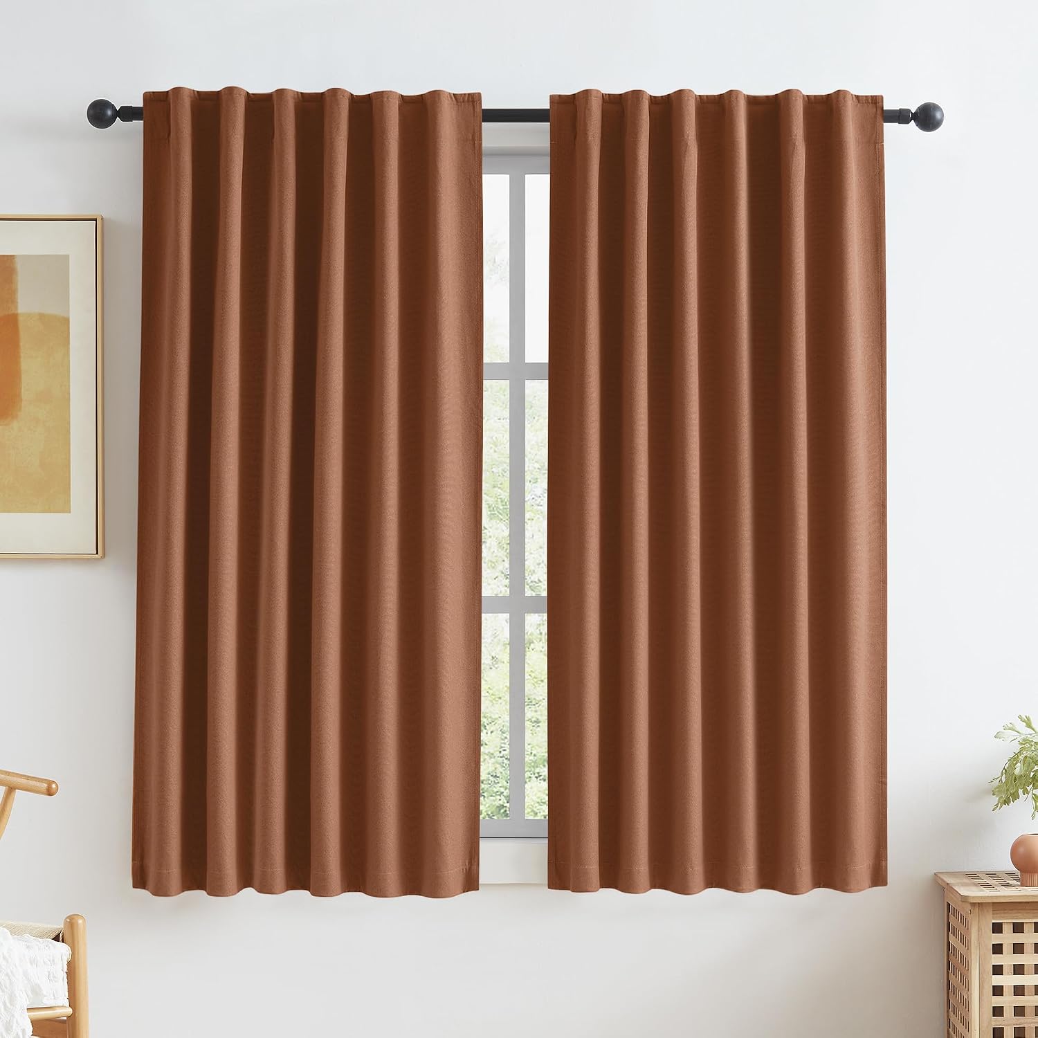 Keqiaosuocai Terracotta Boho Linen Blackout Curtains 63 Inch Length for Living Room 2 Panels Sets Hook Belt Back Tab Drapes Southwest Decor…