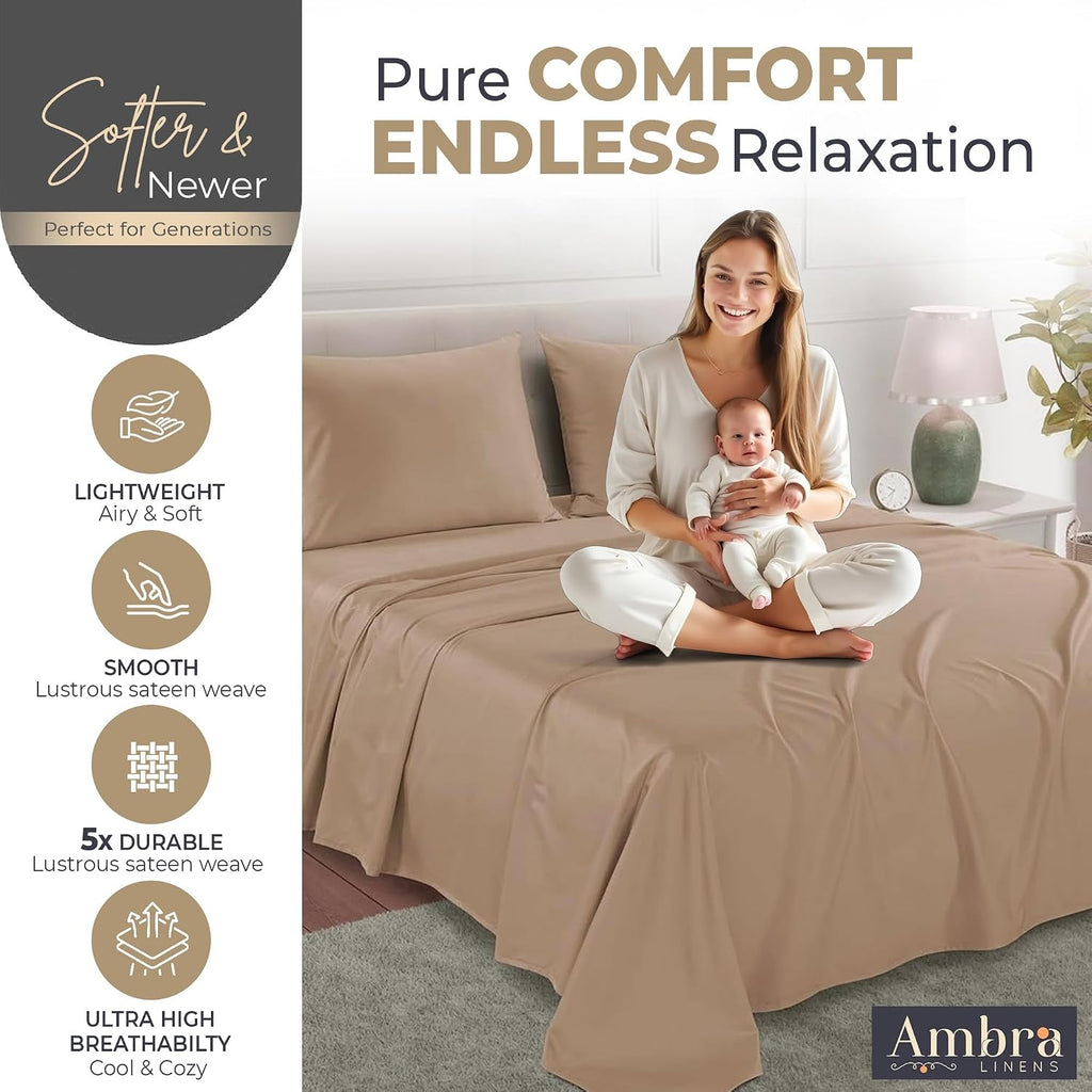 Ambra Linens 100% Organic Cotton Sheets for Queen Size Bed Set - 4 PC Organic Queen Sheets Set - Soft, Comfy, Breathable & Cooling - 16” De…