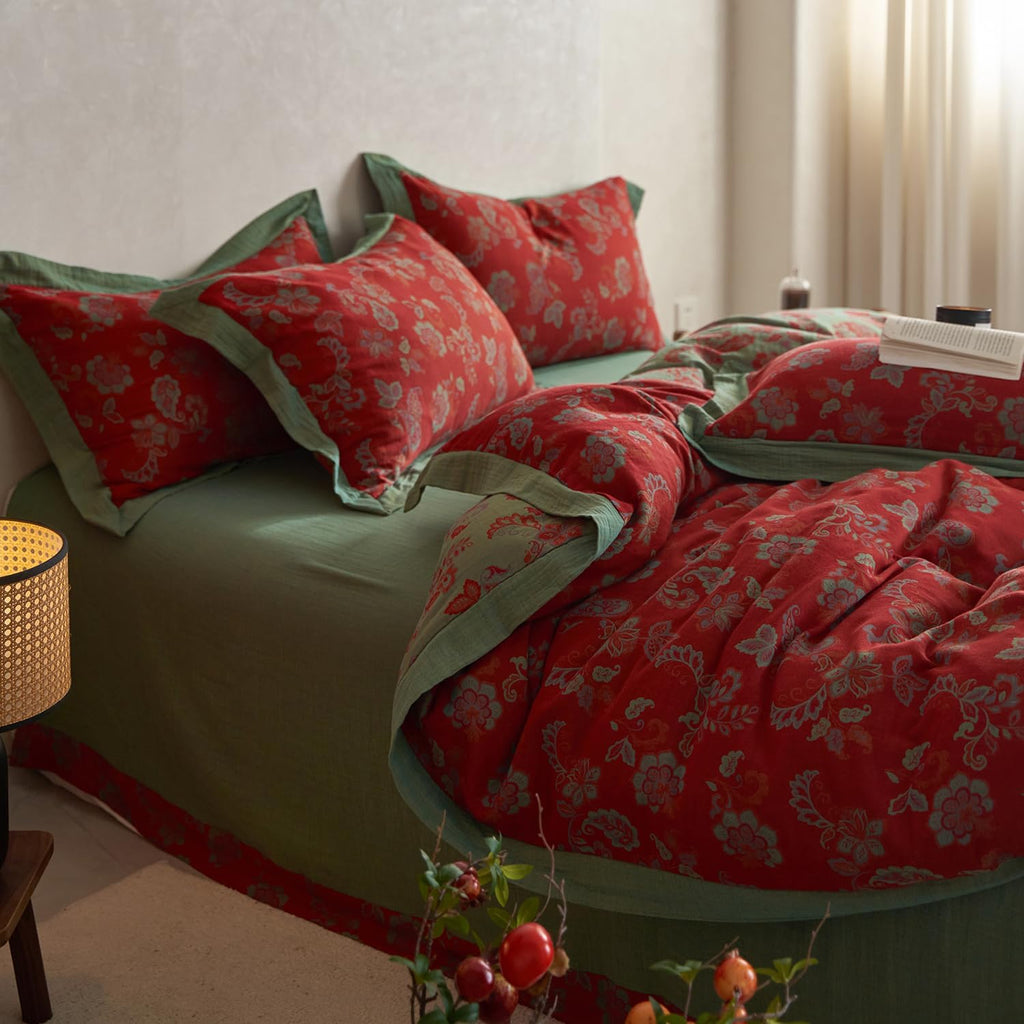 mixinni Exquisite Vintage Red Floral Duvet Cover King Size Yarn-Dyed Jacquard Textured Design Duvet Cover Set with Green Edge Design Muslin…