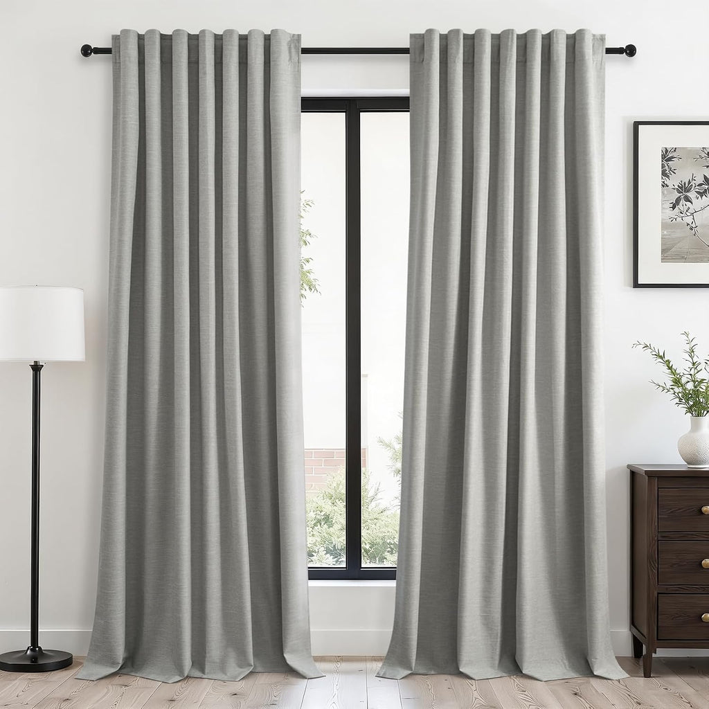 Topfinel Grey Linen Blackout Curtains 95 Inch Long 2 Panels Back Tab Thermal Insulated Light Blocking Curtain for Living Room 100% Black Ou…