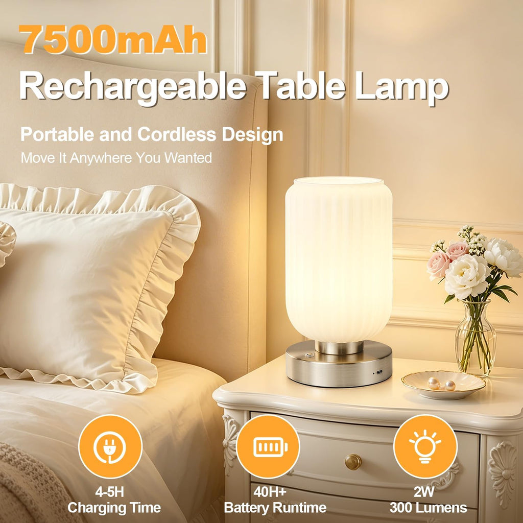 LightRound Cordless Table Lamp for Bedroom, 7500mAh Rechargeable Small Battery Lamp, Modern Touch Dimmable Wireless Lamp Brushed Nickel…