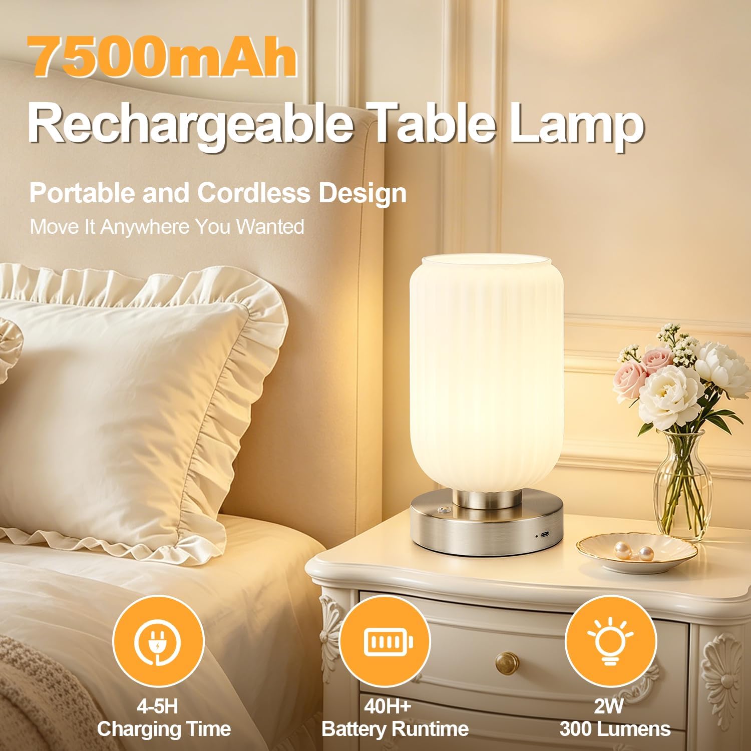 LightRound Cordless Table Lamp for Bedroom, 7500mAh Rechargeable Small Battery Lamp, Modern Touch Dimmable Wireless Lamp Brushed Nickel…