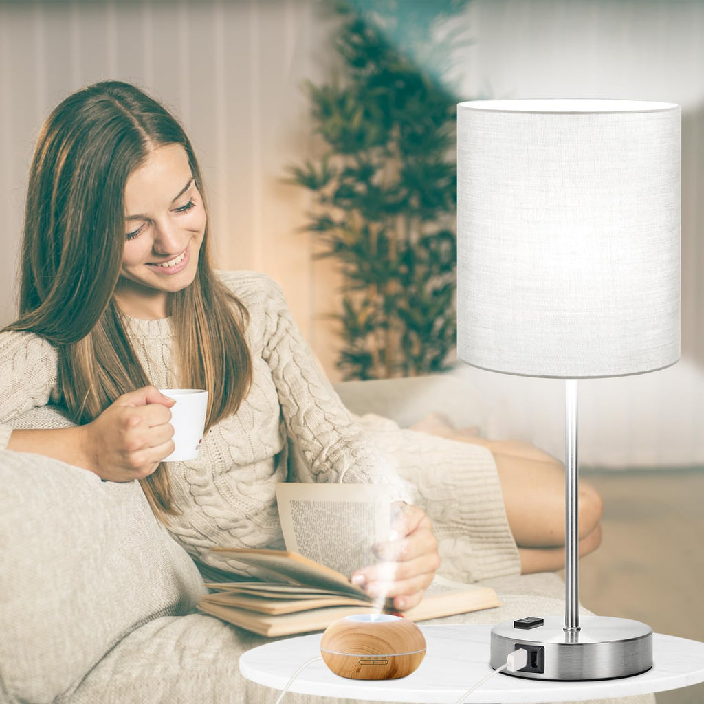 Set of 2 Grey Touch Control Table Lamps with 2 USB Ports & AC Outlet, 3-Way Dimmable Bedside Nightstand Lamps, Desk Lamp for Bedroom…