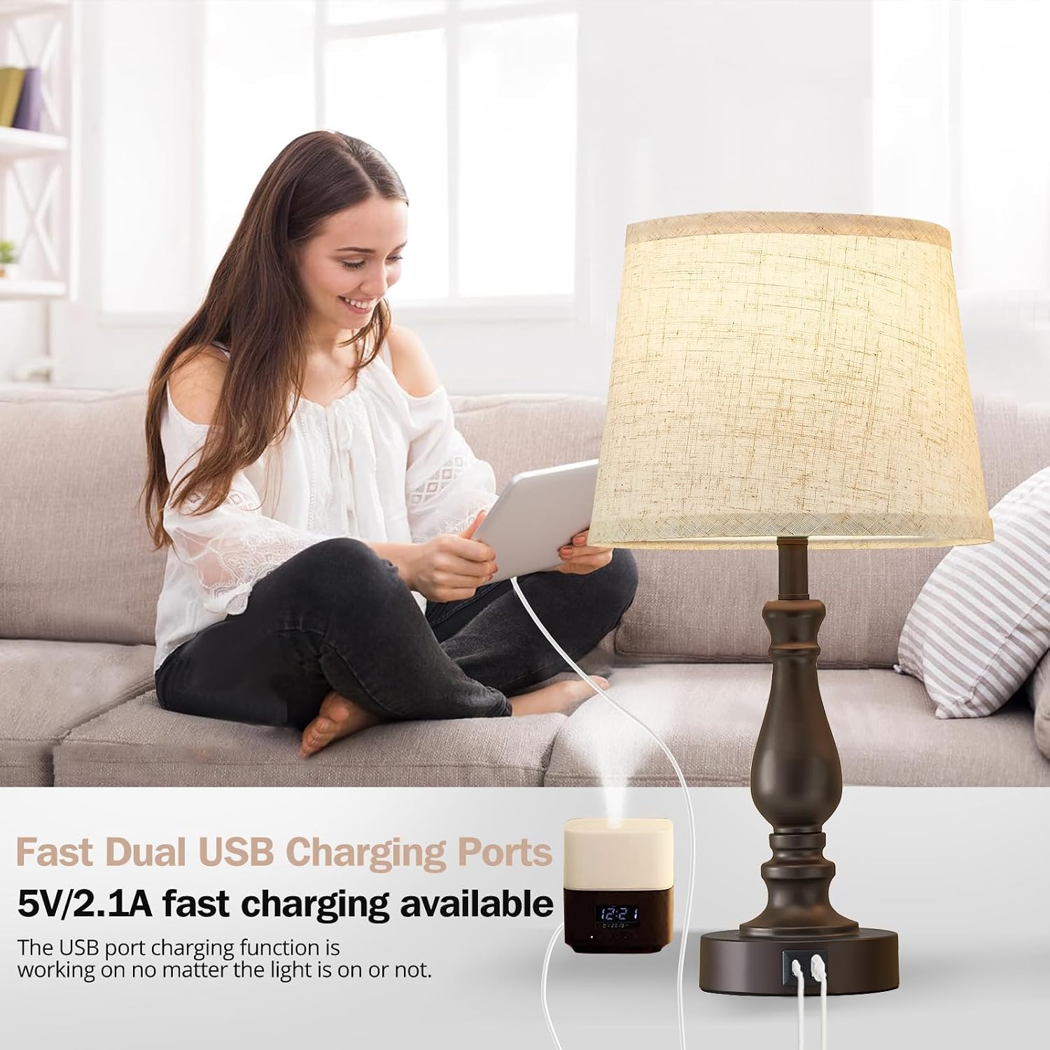 EJIAXIN Table Lamps for Bedrooms Set of 2 - Touch Bedside Lamps with USB C+A Ports - Dimmable Nightstand Lamps for End Tables Farmhouse…