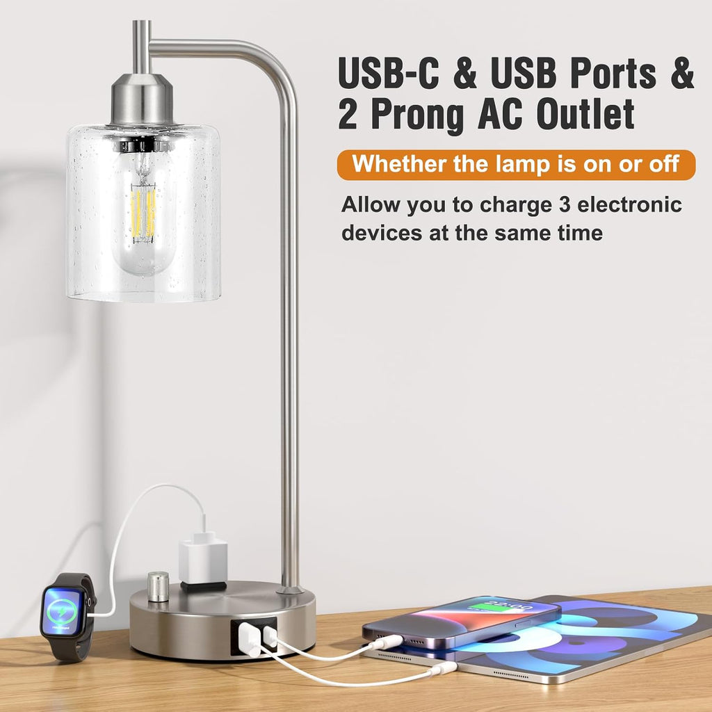 Industrial Table Lamps for Bedrooms Set of 2 - Fully Dimmable Bedside Lamps with USB A and C Ports and Outlet, Nickel Nightstand Lamps…